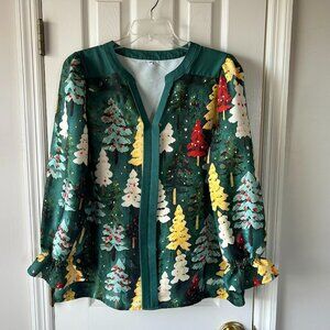 New XXL Green Blouse Christmas Tree Print Puff Sleeves and V-Neck Ruffled Sleeve